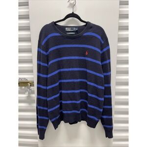 POLO RALPH LAUREN 100% Lambs Wool Sweater XL Mens  Navy Blue/ Blue Stripe